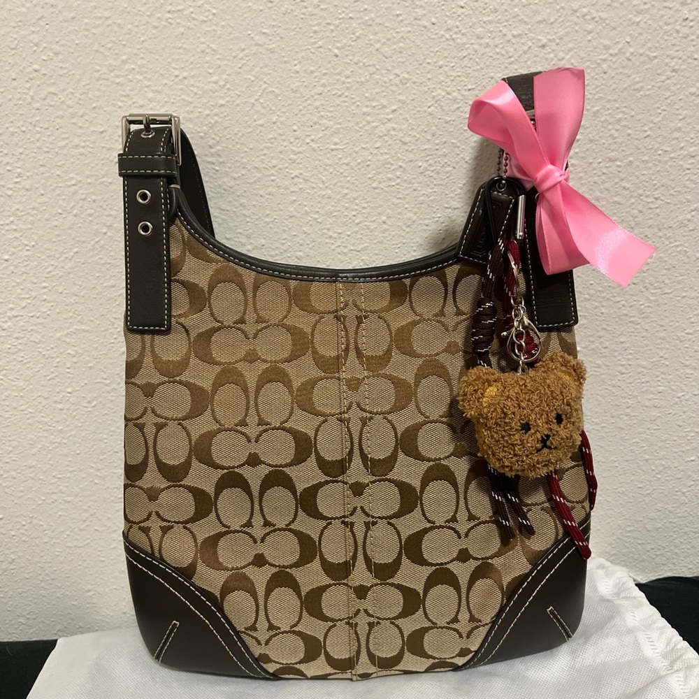 Coach Tan and Brown Crossbody Bag with Teddy Bear Charm